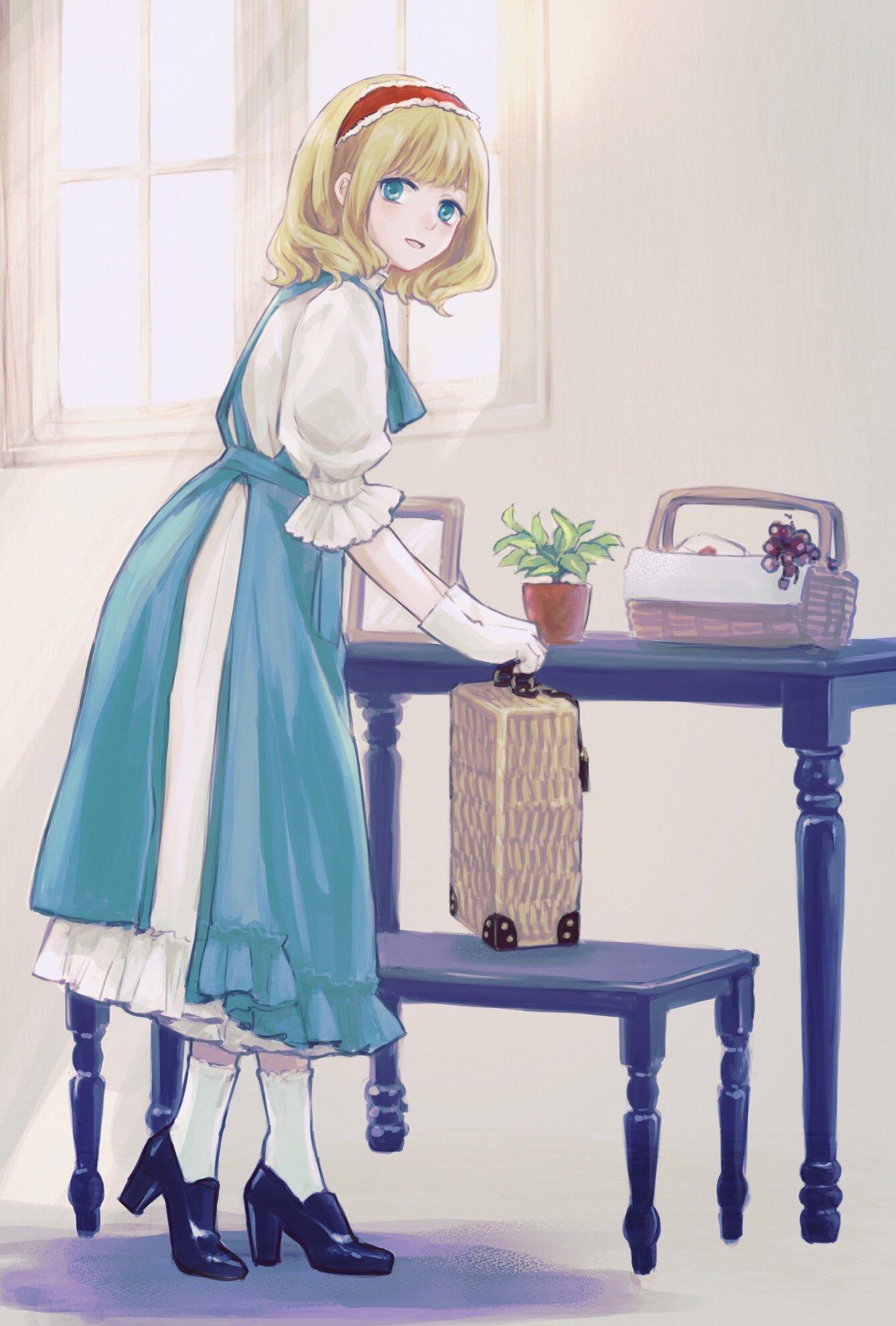 1girl alice_margatroid basket bench black_footwear blonde_hair blue_dress blue_eyes dress framed_image hairband high_heels highres indoors lolita_hairband nikomi_(hoshinosta) plant puffy_short_sleeves puffy_sleeves red_hairband shirt short_hair short_sleeves socks suitcase table touhou underskirt white_legwear white_shirt window