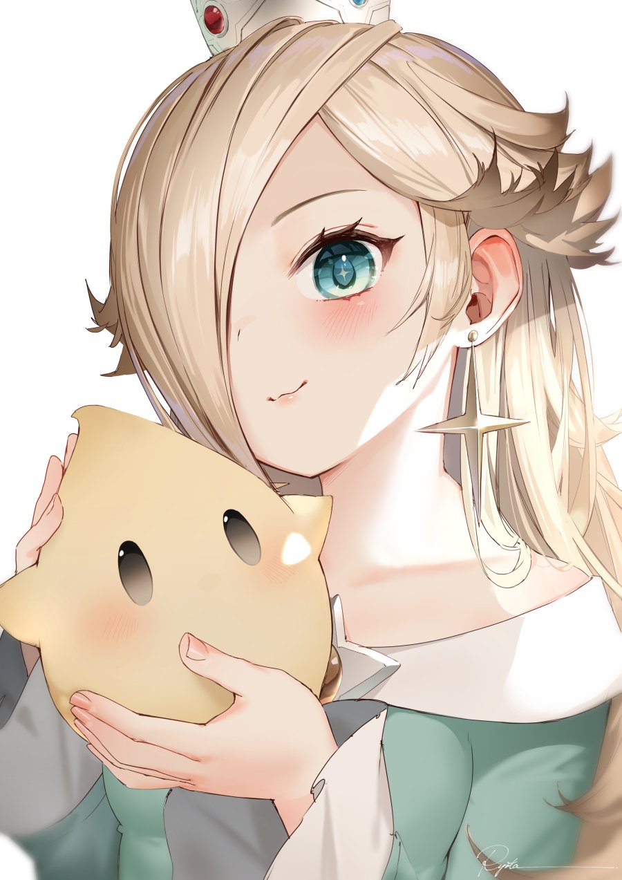 1girl blonde_hair blue_eyes blush crown earrings face hair_over_one_eye highres holding jewelry long_hair long_sleeves looking_at_viewer super_mario_bros. rosalina ryota_(ry_o_ta) signature smile solo star_(symbol) star_earrings upper_body white_background