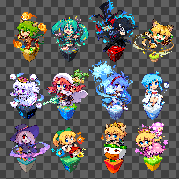 1boy 6+girls amamiya_ren animal_ears arsene_(persona_5) black_hair black_jacket black_skirt black_sleeves blonde_hair blue_fire blue_hair blue_skin boo bowsette bracelet braid character_request chibi collared_shirt colored_skin copyright_request detached_sleeves dress fire floating_hair furry ghost green_hair grey_shirt grey_skin gun hair_between_eyes hair_over_one_eye handgun hatsune_miku holding holding_gun holding_weapon jacket jewelry koopa_clown_car little_witch_academia super_mario_bros. mask multiple_girls new_super_mario_bros._u_deluxe obi one_eye_covered open_mouth peachette persona persona_5 pink_dress pink_hair pistol pixel_art ponytail princess_king_boo redhead sash shirosu shirt skirt sleeveless sleeveless_shirt smirk spiked_bracelet spikes sucy_manbavaran super_crown tied_hair toadette twin_braids twintails violet_eyes weapon white_hair witch yuki_onna