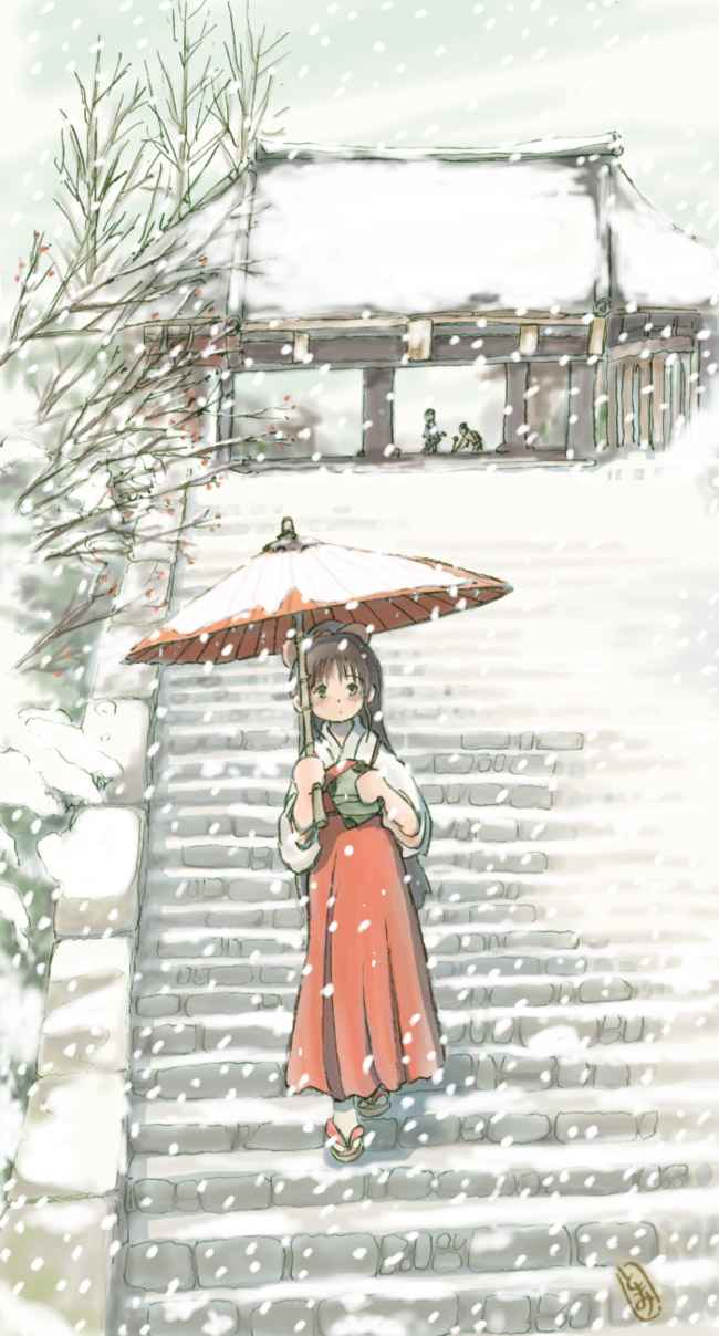 1girl 2others black_hair highres japanese_clothes long_hair miko multiple_others oil-paper_umbrella original shrine snow solo_focus stairs standing tomomi_(user_xtmw2443) umbrella winter