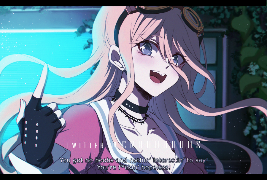 1girl :d bangs barbed_wire black_choker blonde_hair blue_eyes breasts choker collarbone criis-chan dangan_ronpa_(series) dangan_ronpa_v3:_killing_harmony english_text eyebrows_visible_through_hair fingerless_gloves gloves goggles goggles_on_head hair_between_eyes index_finger_raised indoors iruma_miu large_breasts long_hair long_sleeves looking_at_viewer open_mouth pink_shirt plant school_uniform serafuku shirt smile subtitled twitter_username upper_teeth