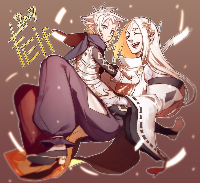 2boys barefoot closed_eyes father_and_son fire_emblem fire_emblem_fates gloves hair_ornament izana_(fire_emblem) japanese_clothes kana_(fire_emblem) kana_(fire_emblem)_(male) long_hair looking_at_viewer multiple_boys open_mouth pointy_ears robe scarf short_hair sitting sitting_on_person uguisu_(ryu) white_hair