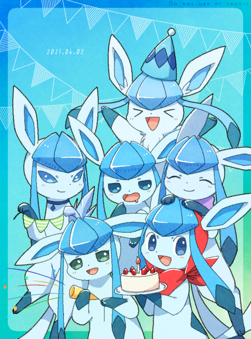 &gt;_&lt; :d alopias blue_choker blue_eyes blush cake candle choker closed_eyes closed_mouth commentary_request confetti dated fire flame food gen_4_pokemon glaceon happy hat hatted_pokemon holding holding_tray looking_at_viewer mouth_drool no_humans open_mouth party_popper plate pokemon pokemon_(creature) repost_notice smile tongue tray
