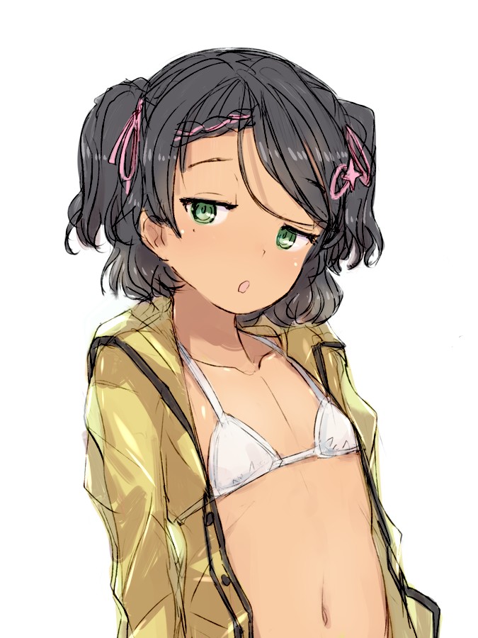 1girl alchera bikini black_hair braid flat_chest green_eyes kantai_collection looking_at_viewer mole mole_under_eye open_clothes parted_lips raincoat scirocco_(kancolle) short_hair simple_background solo swimsuit tan two_side_up upper_body white_background white_bikini yellow_raincoat