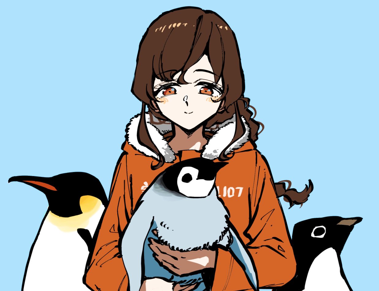 1girl animal bangs bird blush braid clothes_writing eyebrows_visible_through_hair fur-trimmed_jacket fur_trim holding holding_animal jacket kantai_collection light_blue_background long_hair long_sleeves orange_eyes orange_jacket penguin shide_kouri simple_background single_braid smile souya_(kancolle) upper_body