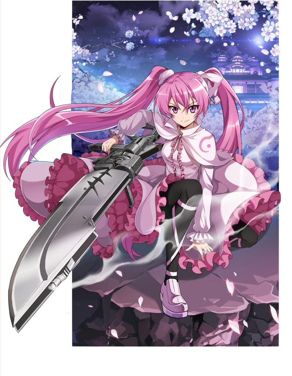 1girl akame_ga_kill! bangs black_legwear border bow capelet cherry_blossoms closed_mouth dress floating_hair flower frilled_dress frilled_sleeves frills hair_between_eyes hair_bow highres holding holding_weapon k12io lolita_fashion long_dress long_hair long_sleeves looking_at_viewer mine_(akame_ga_kill!) neck_ribbon night one_knee outside_border pantyhose petals pink_eyes pink_hair pink_ribbon ribbon shiny shiny_hair smile smug solo twintails very_long_hair weapon white_border white_bow white_capelet white_dress white_flower