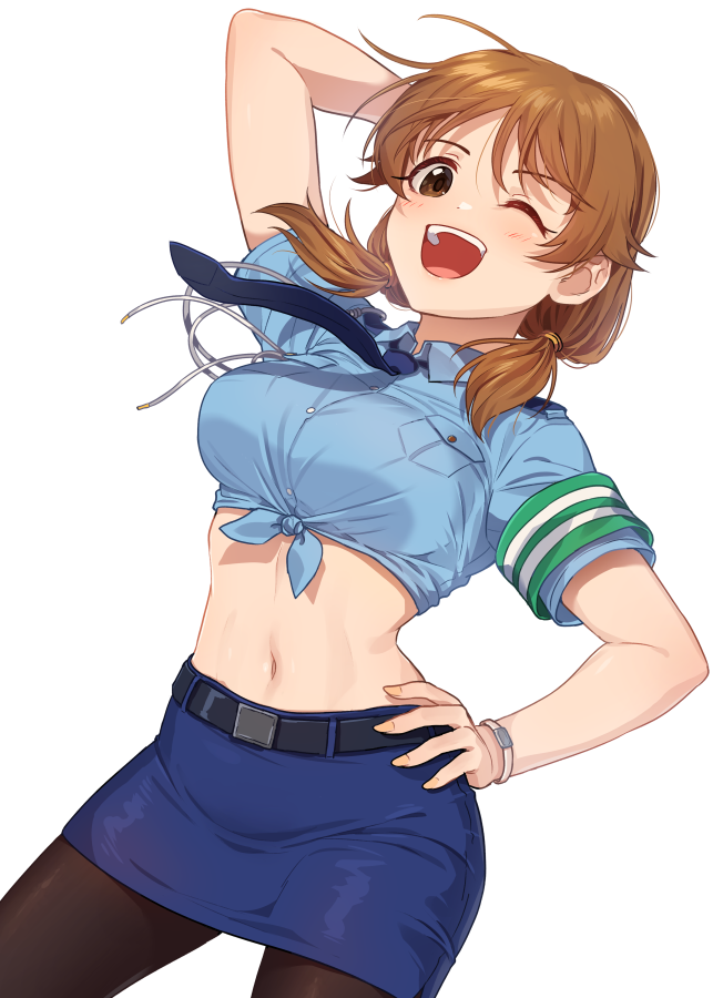 1girl ;d arm_behind_head arm_up bangs belt black_belt black_legwear blue_neckwear blue_shirt blue_skirt blush breasts brown_eyes brown_hair collared_shirt commentary cowboy_shot eyebrows_visible_through_hair groin hair_between_eyes hand_on_hip idolmaster idolmaster_cinderella_girls kamille_(vcx68) katagiri_sanae large_breasts looking_at_viewer low_twintails medium_hair midriff miniskirt navel necktie one_eye_closed open_mouth pantyhose pencil_skirt police police_uniform policewoman shirt short_twintails sidelocks simple_background skirt smile solo standing tied_shirt twintails uniform upper_teeth white_background wristband