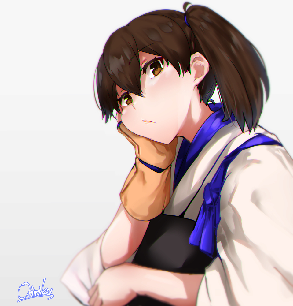 1girl artist_name brown_eyes brown_gloves brown_hair commentary_request gloves hand_on_own_face japanese_clothes kaga_(kancolle) kantai_collection long_hair mani_oniniku milestone_celebration muneate partially_fingerless_gloves side_ponytail single_glove solo tasuki upper_body yugake
