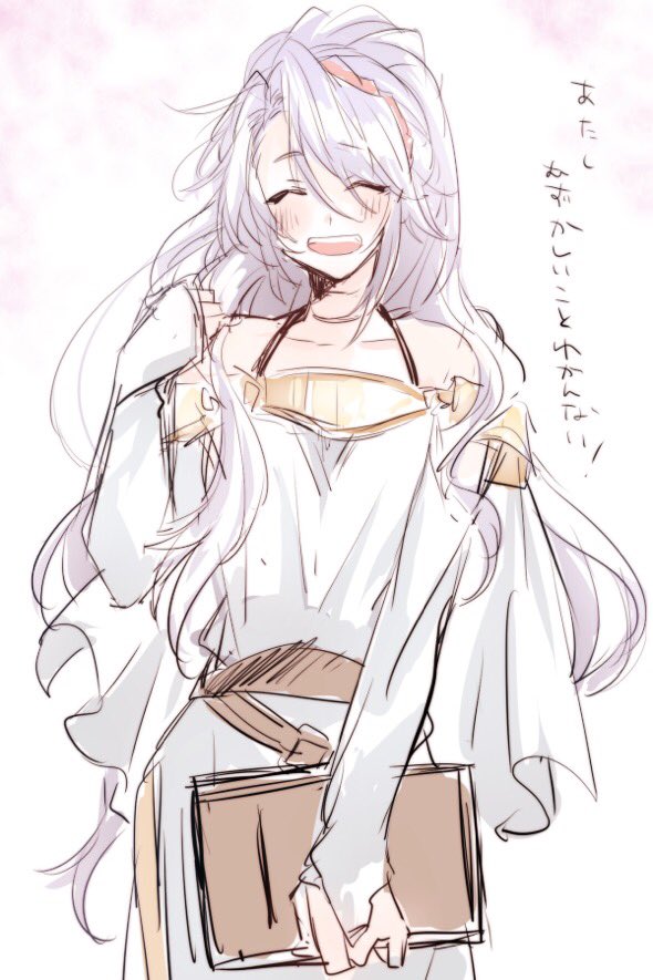 1girl :d bangs blush book capelet closed_eyes dress fire_emblem fire_emblem:_genealogy_of_the_holy_war hair_ornament hand_up holding holding_book long_hair open_mouth purple_hair simple_background smile snow181575 solo tailtiu_(fire_emblem) white_dress