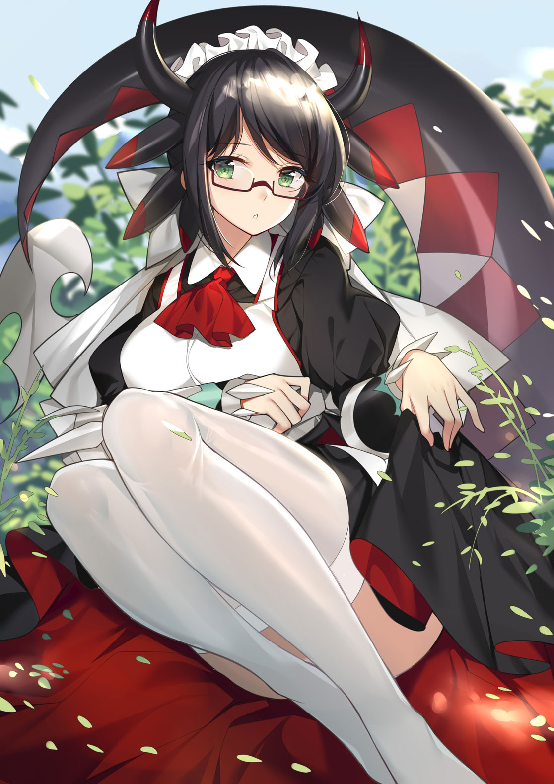 1girl apron bangs black_hair bracer breasts dragon_girl dragon_horns dragon_tail dragonmaid_hausky dress duel_monster feet_out_of_frame glasses green_eyes highres horns kikistark long_sleeves maid maid_apron maid_headdress outdoors plant puffy_sleeves red_neckwear sitting skirt_hold solo tail white_legwear yu-gi-oh!
