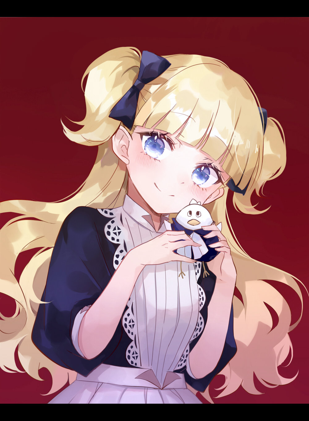 1girl bangs blonde_hair blue_eyes blunt_bangs blush bow closed_mouth commentary_request dress emilyko eyebrows_visible_through_hair hair_bow head_tilt highres holding letterboxed long_hair looking_at_viewer miya_(zawarudo) pan-chan_(shadows_house) puffy_sleeves red_background shadows_house simple_background smile solo two_side_up upper_body