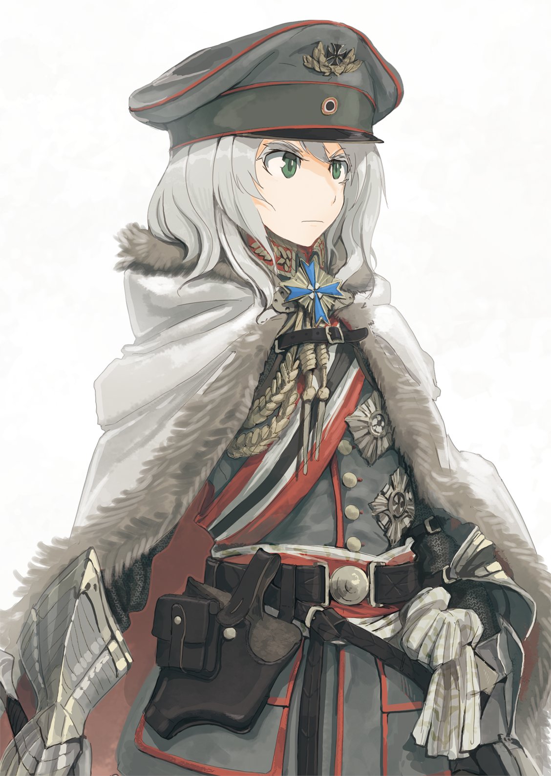 1girl asterisk_kome bangs belt black_belt cape cloak closed_mouth commentary frown fur-trimmed_cape fur_trim gauntlets gloves green_eyes grey_gloves grey_hair grey_headwear grey_jacket hat highres holster hood hood_down hooded_cape insignia jacket looking_to_the_side medal medium_hair military military_hat military_uniform original peaked_cap sash simple_background soldier solo uniform upper_body white_background white_cape white_cloak