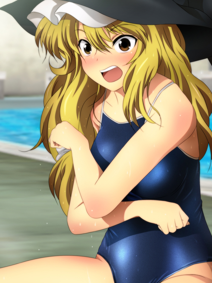 1girl bangs black_headwear blonde_hair blue_swimsuit blurry blurry_background blush bow breasts brown_eyes collarbone covering covering_breasts cropped_arms embarrassed eyebrows_visible_through_hair hair_between_eyes hair_bow hat kirisame_marisa long_hair medium_breasts open_mouth poolside school_swimsuit shiny shiny_hair sitting solo spaghetti_strap swimsuit touhou very_long_hair white_bow yadokari_genpachirou