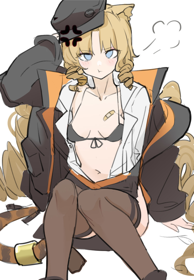 1girl :t =3 anger_vein animal_ears arknights arm_behind_head bandaid beret black_bra black_headwear black_jacket black_legwear blonde_hair blue_eyes bra breasts collarbone commentary drill_hair feet_out_of_frame front-tie_bra hat hjl_(15623862639) jacket looking_at_viewer navel open_clothes open_jacket open_shirt shirt sitting sketch small_breasts solo swire_(arknights) tail thigh-highs tiger_ears tiger_girl tiger_tail underwear white_shirt