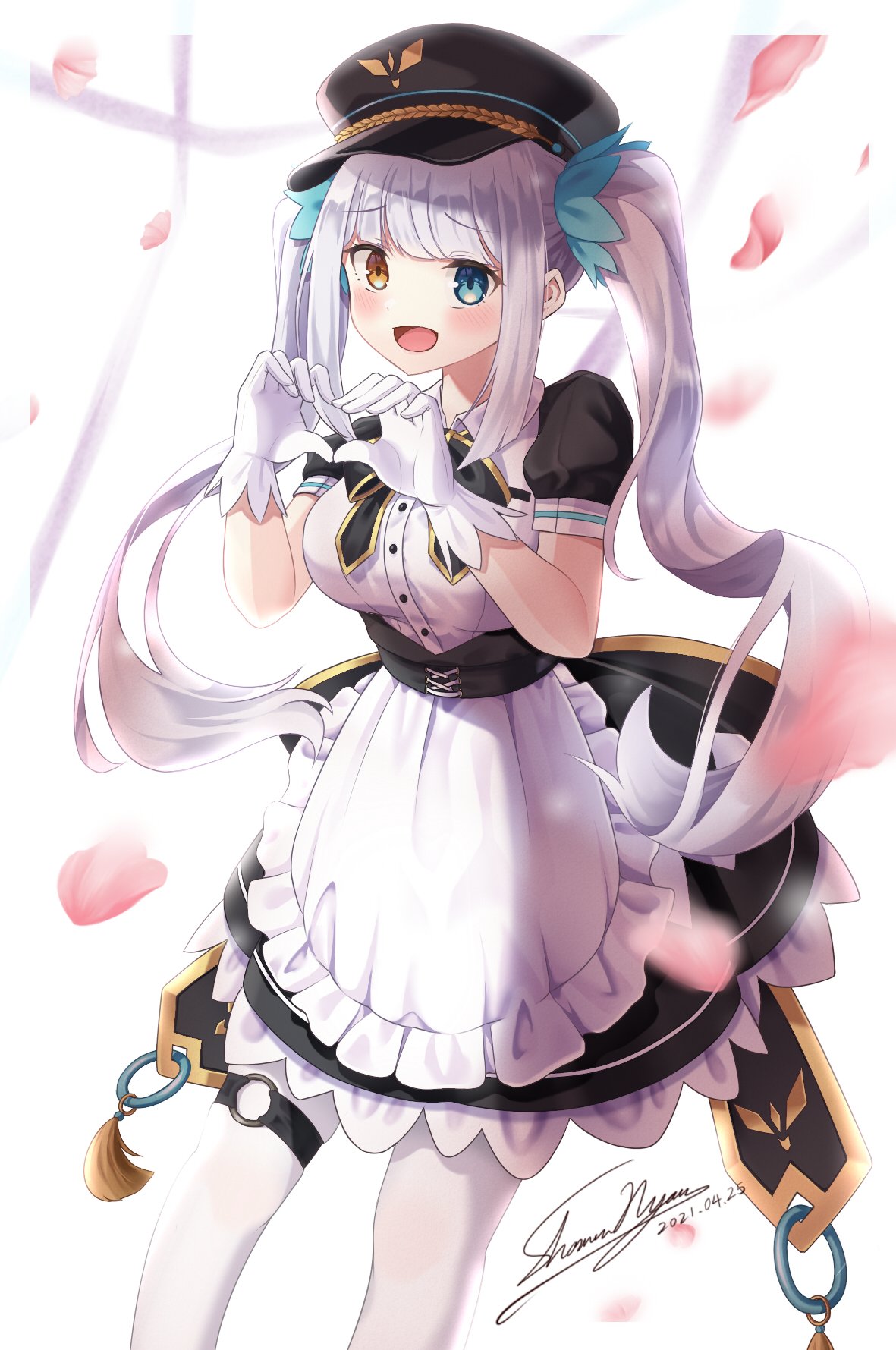 1girl apron bangs blue_eyes blush bow bowtie dated dress eyebrows_visible_through_hair frilled_dress frills gloves hat heart heart_hands heterochromia highres kagura_gumi kagura_mea long_hair looking_at_viewer maid maid_apron o-ring open_mouth orange_eyes petals ribbon shasminnyan sidelocks signature silver_hair smile solo thigh_strap twintails very_long_hair virtual_youtuber