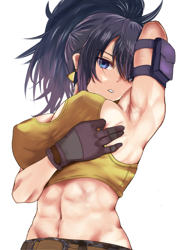 1girl abs ammunition_pouch araimooah armlet armpits bare_shoulders belt blue_eyes blue_hair breasts covering_nipples dog_tags earrings eyes gloves jewelry large_breasts leona_heidern midriff military military_uniform muscular muscular_female navel pants ponytail pouch sleeveless solo standing sweatdrop tank_top the_king_of_fighters the_king_of_fighters_xiv the_king_of_fighters_xv triangle_earrings uniform white_background yellow_tank_top