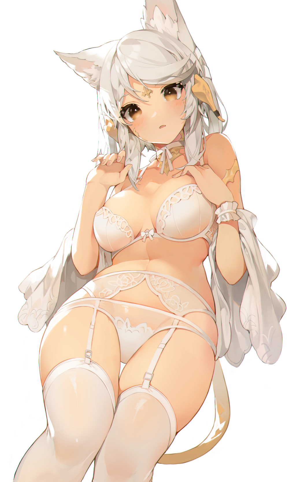 1girl akizone animal_ears au_ra bangs bare_shoulders bra breasts cheeze_(akizone) choker dragon_horns dragon_tail feet_out_of_frame final_fantasy final_fantasy_xiv garter_belt grey_hair hair_ribbon highres horns large_breasts long_hair looking_at_viewer navel off_shoulder open_mouth panties ribbon scales simple_background skindentation solo tail thigh-highs tress_ribbon underwear white_background white_bra white_choker white_legwear white_panties white_ribbon wrist_cuffs
