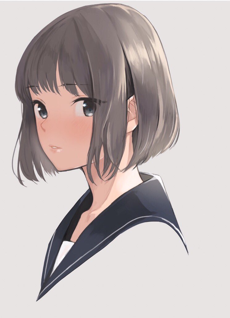 1girl blue_sailor_collar bob_cut cropped_shoulders doushimasho from_side grey_background grey_eyes grey_hair looking_at_viewer looking_to_the_side original parted_lips portrait sailor_collar school_uniform serafuku short_hair simple_background solo