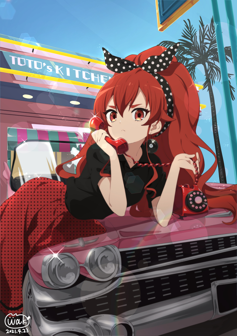 1girl black_hairband black_legwear black_ribbon black_shirt car closed_mouth collared_shirt commentary_request corded_phone day earrings eris_greyrat frown glint ground_vehicle hairband high_ponytail holding holding_phone jewelry long_hair looking_at_viewer motor_vehicle mushoku_tensei neki_(wakiko) on_vehicle outdoors palm_tree pantyhose phone polka_dot polka_dot_hairband polka_dot_ribbon polka_dot_skirt ponytail record red_eyes red_skirt redhead ribbon shirt short_sleeves skirt solo thick_eyebrows tree unmoving_pattern very_long_hair