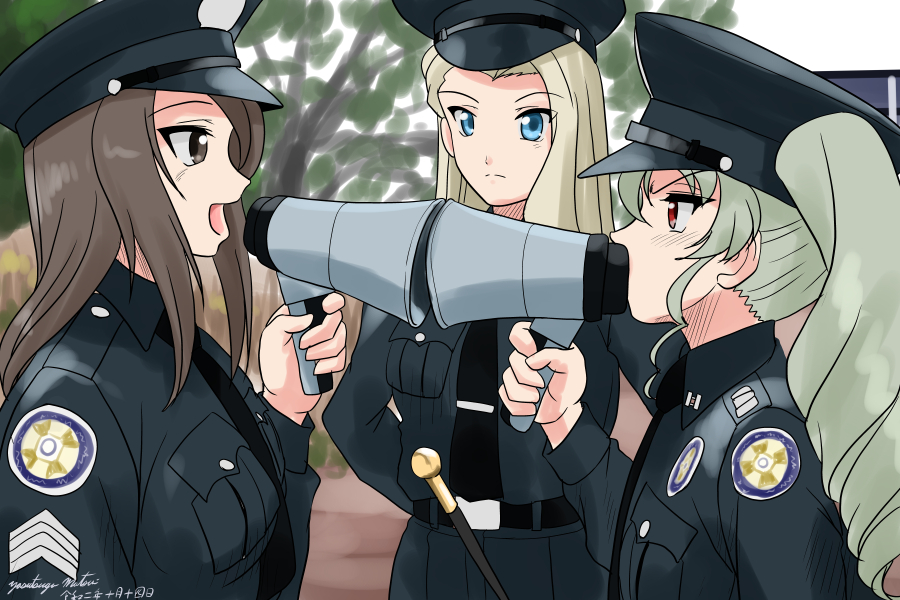 3girls alternate_headwear anchovy_(girls_und_panzer) arms_behind_back artist_name bangs baton belt black_belt black_headwear black_neckwear black_pants black_shirt blonde_hair blue_eyes brown_eyes brown_hair clara_(girls_und_panzer) closed_mouth commentary crossover dated dress_shirt drill_hair emblem frown girls_und_panzer green_hair hat holding holding_megaphone insignia long_hair looking_at_another matsui_yasutsugu megaphone mika_(girls_und_panzer) multiple_girls necktie open_mouth pants parade_rest parody peaked_cap police_academy_(series) red_eyes shirt signature smile standing_at_attention twin_drills twintails wing_collar