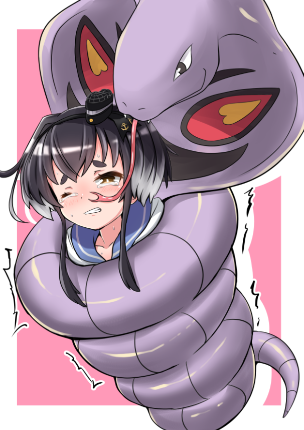 1girl animal arbok black_hair brown_eyes cobra_(animal) commentary_request crossover forked_tongue gen_1_pokemon giant_snake hat kantai_collection mini_hat one_eye_closed oversized_animal pokemon restrained short_hair short_hair_with_long_locks sidelocks smokestack_hair_ornament thick_eyebrows tokitsukaze_(kancolle) tongue yokoshima_(euphoria)