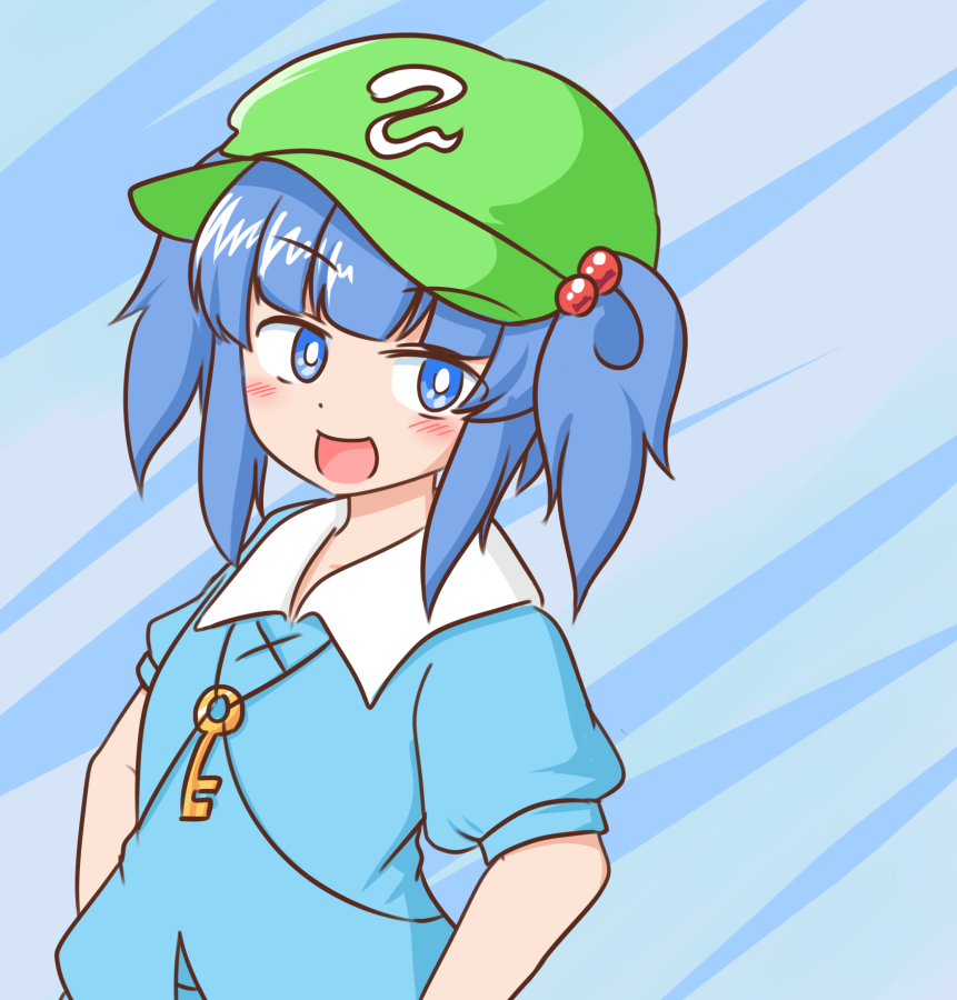 1girl :d bangs blue_background blue_eyes blue_hair blue_shirt bright_pupils commission eyebrows_visible_through_hair flat_cap green_headwear hair_bobbles hair_ornament hat kawashiro_nitori key looking_at_viewer mizusoba open_mouth shirt short_hair short_sleeves skeb_commission smile solo touhou twintails upper_body white_pupils