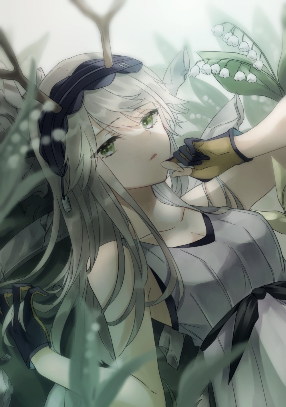 1girl arknights black_gloves black_hairband dress firewatch_(wilted_cypress)_(arknights) flower gloves green_eyes grey_dress grey_hair hairband highres lily_of_the_valley long_hair looking_at_viewer official_alternate_costume plant saiko_(saisaka) sleeveless sleeveless_dress solo two-tone_gloves upper_body yellow_gloves