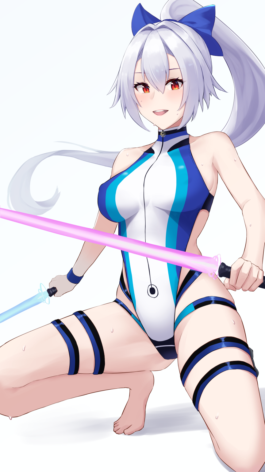 1girl bangs bare_shoulders blue_bow blue_swimsuit blush bow breasts dual_wielding energy_sword fate/grand_order fate_(series) hair_between_eyes hair_bow hayajitsu highleg highleg_swimsuit highres holding large_breasts long_hair looking_at_viewer one-piece_swimsuit open_mouth ponytail red_eyes silver_hair smile solo squatting swimsuit sword thigh_strap thighs tomoe_gozen_(fate) tomoe_gozen_(swimsuit_saber)_(fate) two-tone_swimsuit weapon white_swimsuit