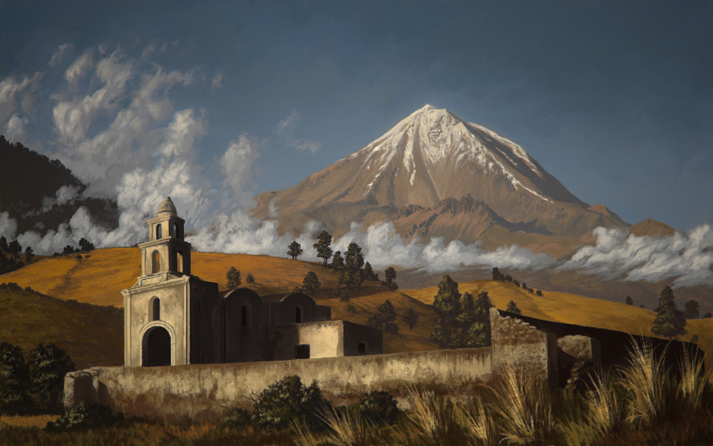 bell_tower blue_sky brick_wall church clouds ex-hacienda_de_las_flores faux_traditional_media forest grass justinas_vitkus landscape mexico mountain nature no_humans original outdoors pico_de_orizaba ruins santa_cruz_texmalaquilla scenery sierra_negra sky snow stone_wall tree volcano wall zacate zacaton zacatonal