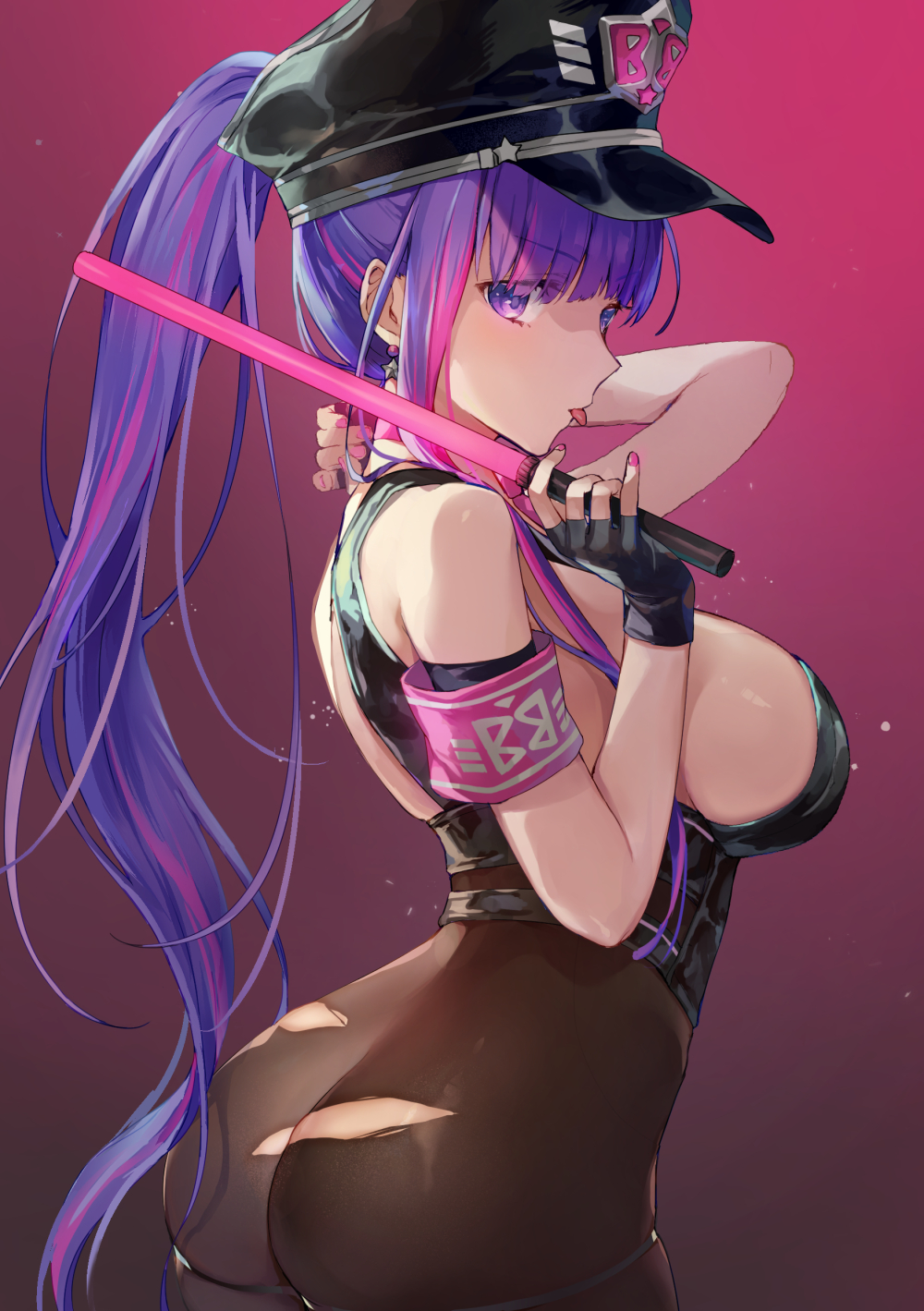 1girl :p ass bangs bb_(fate) bb_(fate)_(all) black_gloves black_headwear blunt_bangs breasts brown_legwear commentary_request cosplay eyebrows_visible_through_hair fate/grand_order fate_(series) fingerless_gloves fingernails gloves gradient gradient_background hat highres holding large_breasts long_hair looking_at_viewer nail_polish pantyhose pink_background pink_nails ponytail purple_hair sesshouin_kiara sesshouin_kiara_(swimsuit_mooncancer)_(fate) sesshouin_kiara_(swimsuit_mooncancer)_(fate)_(cosplay) sideboob solo tongue tongue_out torn_clothes torn_legwear violet_eyes vivi_(eve_no_hakoniwa)