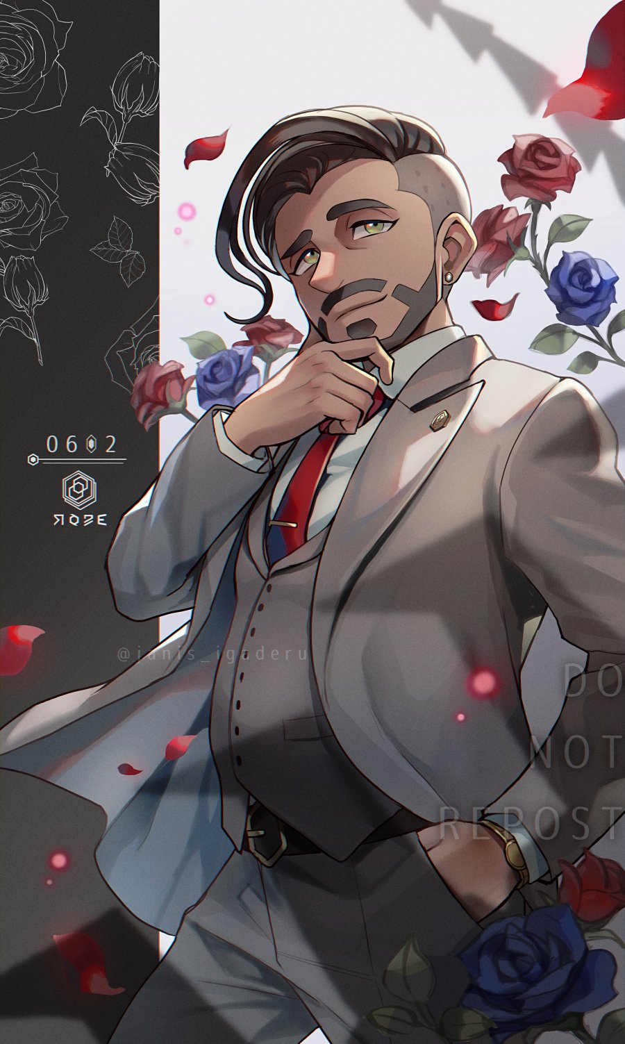 1boy belt black_hair blue_flower business_suit buttons character_name chin_stroking closed_mouth collared_shirt commentary earrings facial_hair flower formal green_eyes grey_jacket grey_pants grey_vest hand_in_pocket highres jacket janis_(hainegom) jewelry looking_to_the_side male_focus necktie number pants petals pokemon pokemon_(game) pokemon_swsh red_flower red_neckwear repost_notice rose_(pokemon) shirt smile solo suit undercut vest watch watch white_shirt