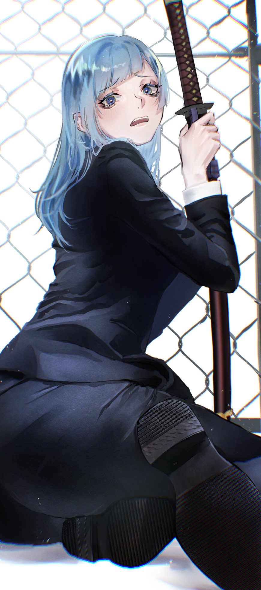 1girl ass black_footwear black_jacket black_pants blue_eyes blue_hair chain-link_fence chromatic_aberration commentary_request eyebrows_visible_through_hair fence formal from_side hands_up highres hitohachan holding holding_sword holding_weapon jacket jujutsu_kaisen katana long_hair long_sleeves looking_at_viewer looking_to_the_side miwa_kasumi open_clothes pants shoe_soles solo suit sword tearing_up upper_teeth weapon white_background