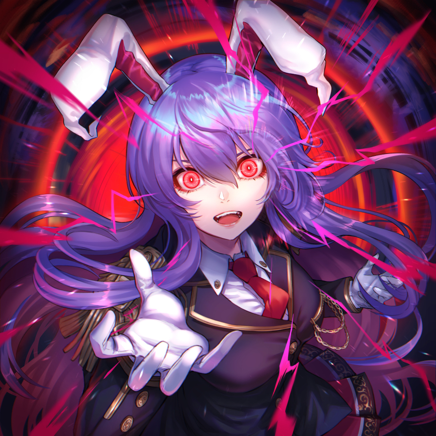 1girl animal_ears breasts buttons eyebrows_visible_through_hair jacket long_hair looking_at_viewer medium_skirt necktie pleated_skirt purple_hair rabbit_ears rabbit_girl re_(re_09) red_eyes red_neckwear reisen_udongein_inaba skirt solo touhou very_long_hair