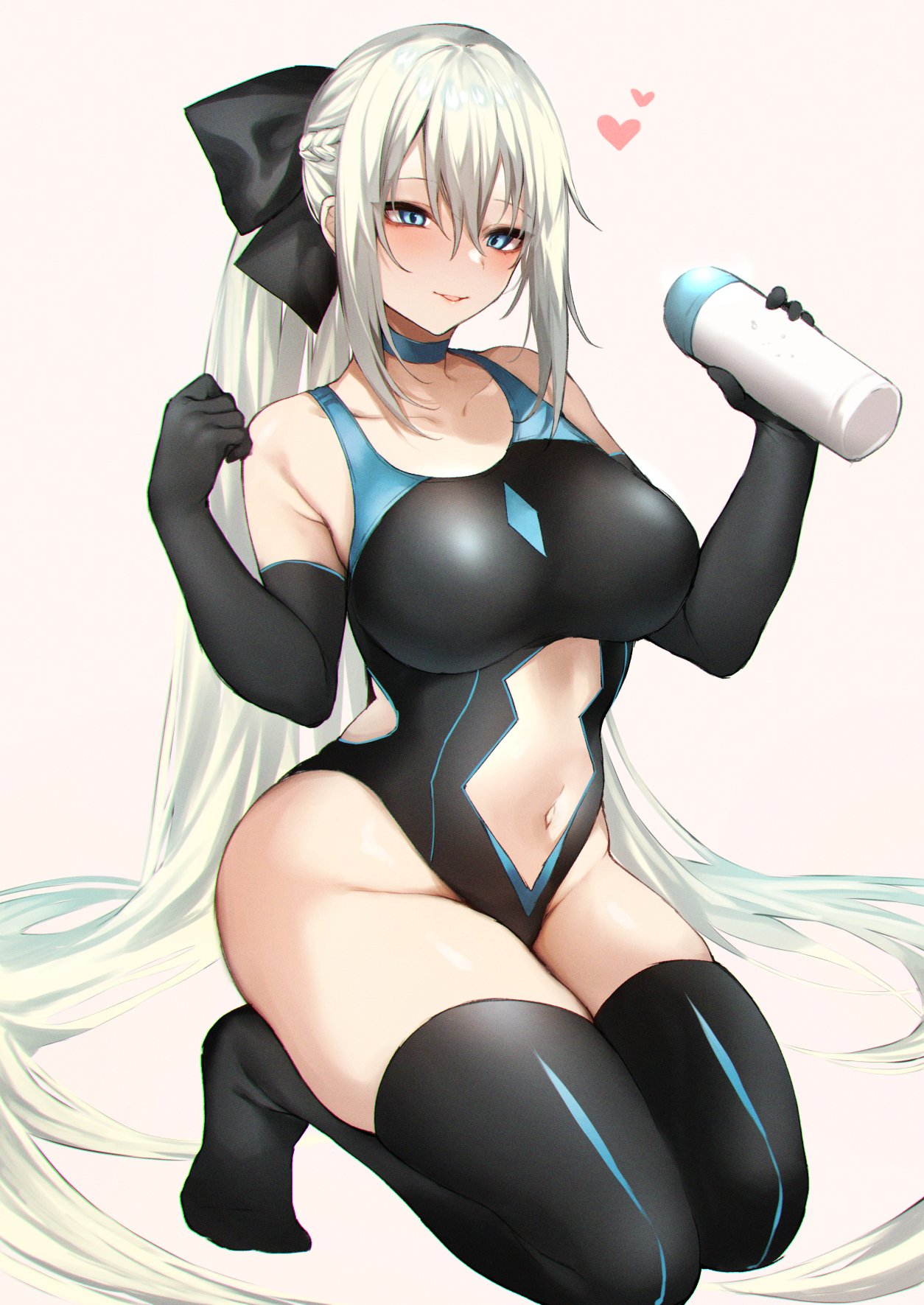 1girl adapted_costume black_bow bottle bow braid breasts center_opening clothing_cutout competition_swimsuit elbow_gloves fate/grand_order fate_(series) french_braid gloves highleg highleg_swimsuit highres iriehana large_breasts light_blue_eyes looking_at_viewer lotion lotion_bottle morgan_le_fay_(fate) one-piece_swimsuit ponytail solo stomach_cutout swimsuit thigh-highs