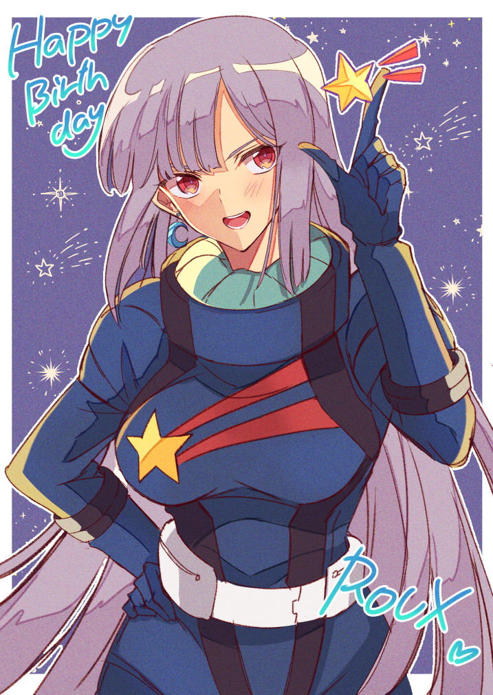 1girl bangs birthday blush breasts brown_eyes character_name crescent crescent_earrings earrings eyebrows_visible_through_hair gloves gundam gundam_zz hair_between_eyes hand_on_hip happy_birthday hato-as jewelry long_hair looking_at_viewer medium_breasts open_mouth pilot_suit purple_hair roux_louka smile solo space sparkle star_(symbol) star_print v-shaped_eyebrows very_long_hair