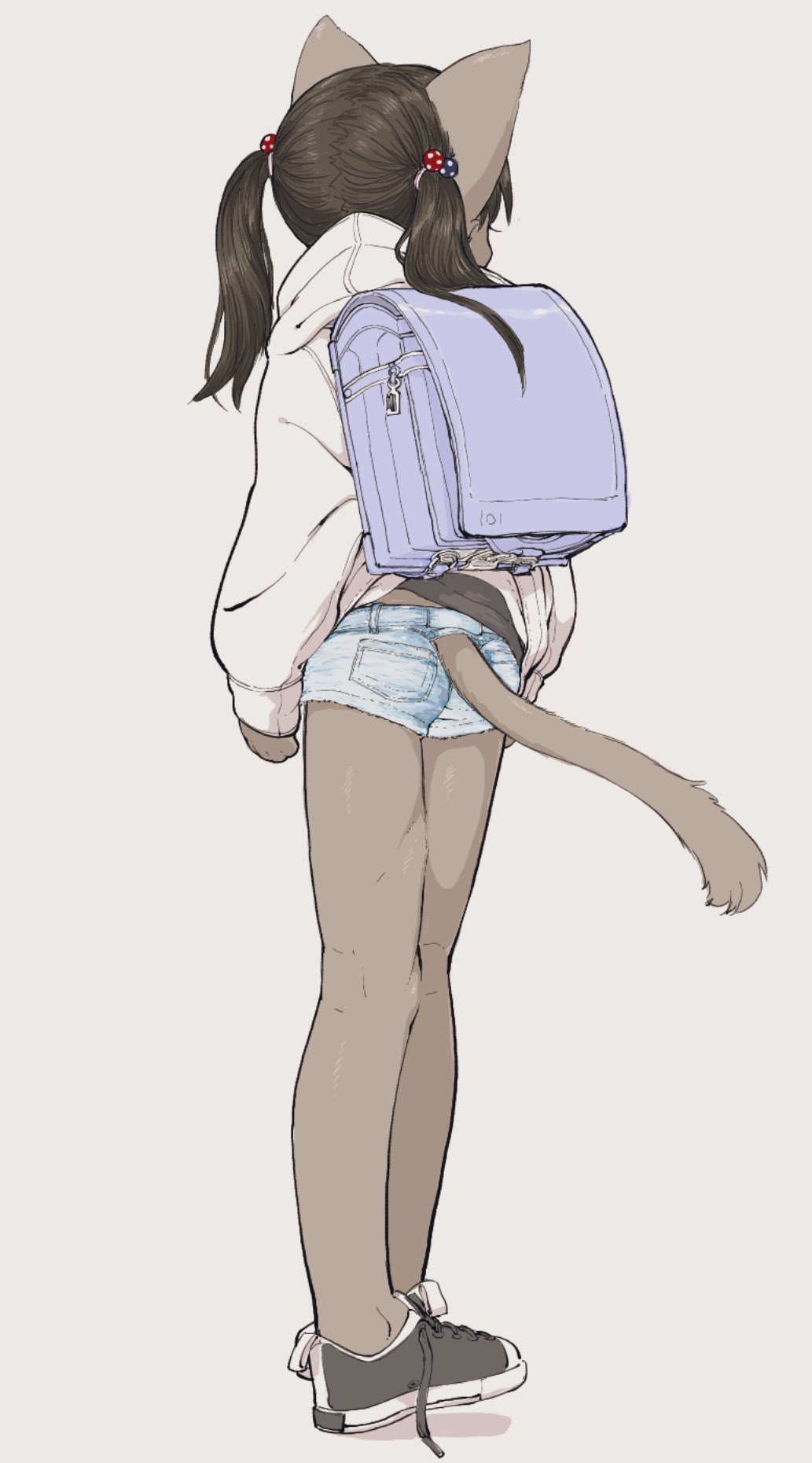 1girl 3yo4yo5yo animal_ears ass backpack bag black_footwear black_hair blue_shorts cat_ears cat_girl cat_tail from_behind full_body highres hood hood_down hoodie long_hair long_sleeves original purple_bag randoseru shoes shorts simple_background solo standing tail twintails white_background white_hoodie