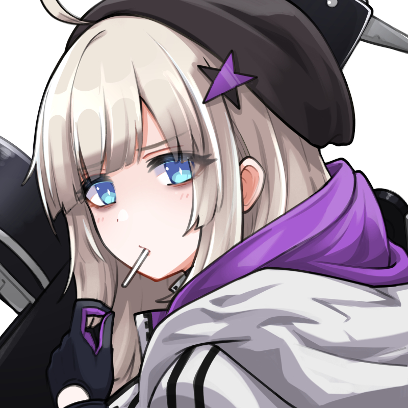 1girl aa-12 aa-12_(girls_frontline) ahoge bags_under_eyes bangs blue_eyes candy expressionless food from_side girls_frontline gloves gun hair_ornament hat hood hood_down hooded_jacket jacket lollipop looking_at_viewer platinum_blonde_hair shotgun solo star_(symbol) star_hair_ornament upper_body weapon yuki_shiro