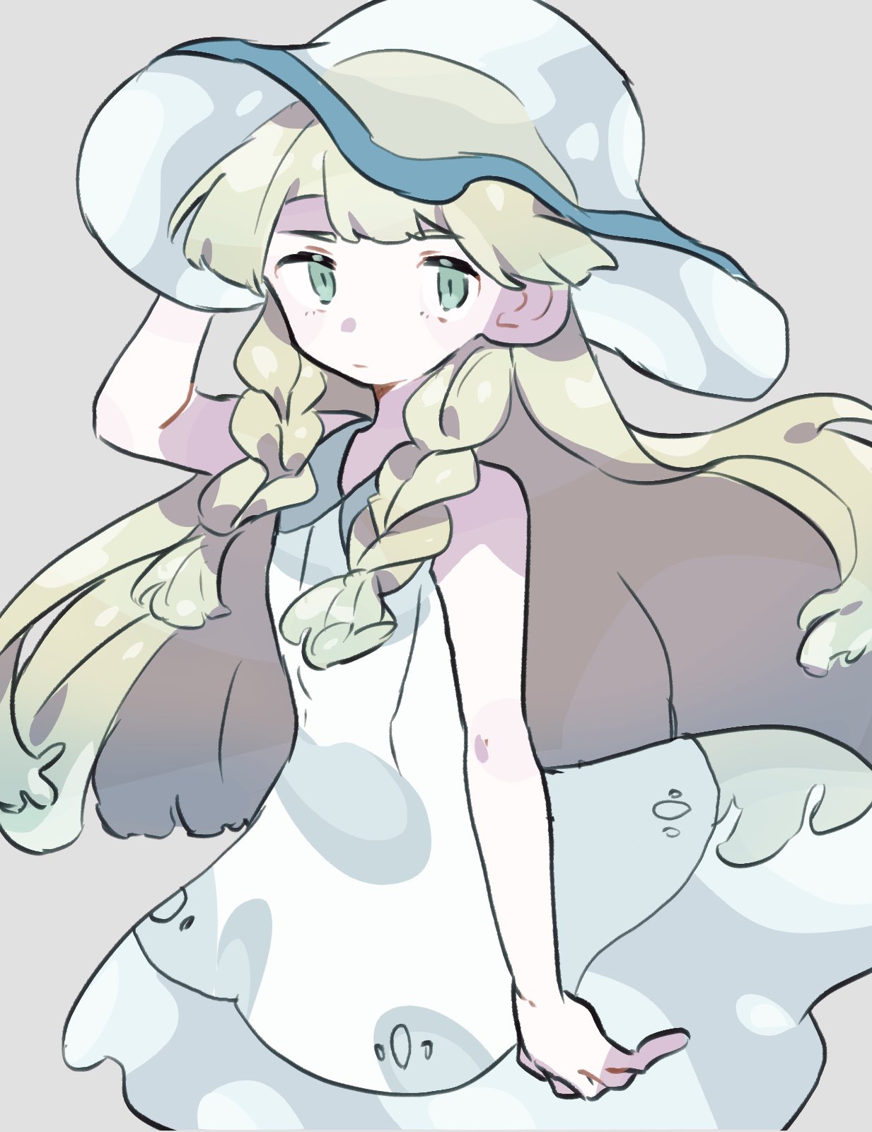 1girl bangs bare_arms blonde_hair braid closed_mouth collared_dress commentary_request donguri_big dress gen_7_pokemon green_eyes hat highres lillie_(pokemon) long_hair nihilego pokemon pokemon_(game) pokemon_sm see-through sleeveless sleeveless_dress solo sundress transparent_headwear twin_braids ultra_beast white_dress