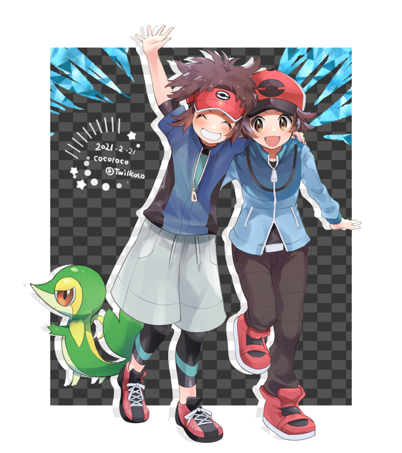 2boys :d arm_up baseball_cap belt_buckle blue_jacket blush border brown_eyes brown_hair brown_pants buckle closed_eyes commentary dated gen_5_pokemon grey_shorts grin happy hat hilbert_(pokemon) jacket kokoroko male_focus multiple_boys nate_(pokemon) open_mouth outside_border pants pokemon pokemon_(creature) pokemon_(game) pokemon_bw pokemon_bw2 red_footwear red_headwear shoes short_hair shorts smile snivy standing star_(symbol) starter_pokemon twitter_username visor_cap white_border zipper_pull_tab