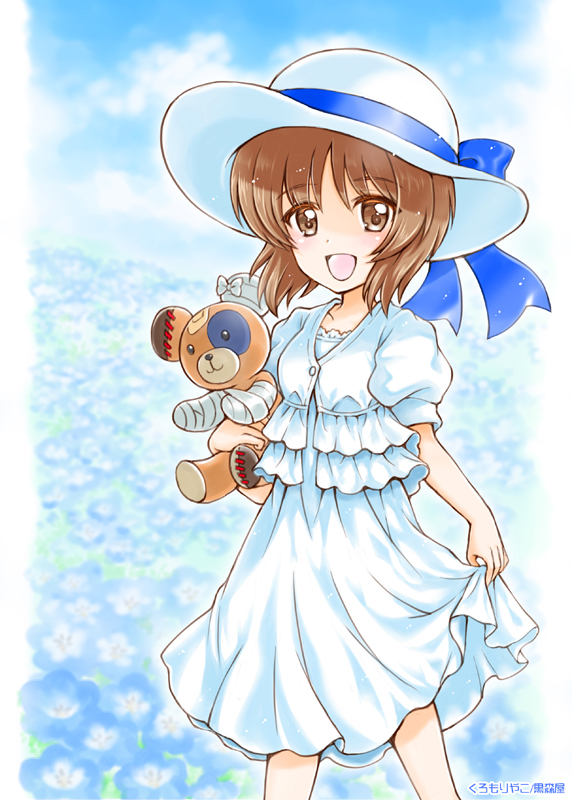 1girl :d artist_name bandages bangs blue_bow blue_flower blue_sky boko_(girls_und_panzer) bow brown_eyes brown_hair casual clouds cloudy_sky commentary day dress eyebrows_visible_through_hair field flower flower_field girls_und_panzer hat hat_bow holding holding_stuffed_toy kuromori_yako looking_at_viewer medium_dress nishizumi_miho open_mouth puffy_short_sleeves puffy_sleeves short_hair short_sleeves skirt_hold sky smile solo standing stuffed_animal stuffed_toy sun_hat sundress teddy_bear white_dress white_headwear