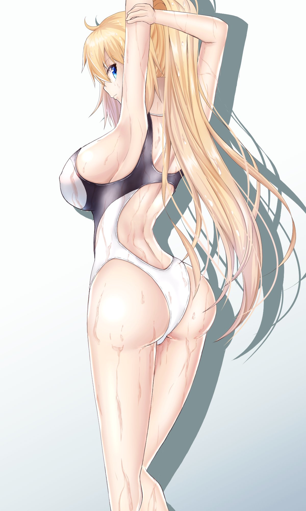 1girl armpits arms_behind_head arms_up ass back bangs bare_shoulders blonde_hair blue_eyes breasts fate/grand_order fate_(series) high_ponytail highleg highleg_swimsuit highres ilsa34660285 jeanne_d'arc_(fate)_(all) jeanne_d'arc_(swimsuit_archer)_(fate) large_breasts long_hair looking_at_viewer looking_back one-piece_swimsuit solo swimsuit thighs very_long_hair wet