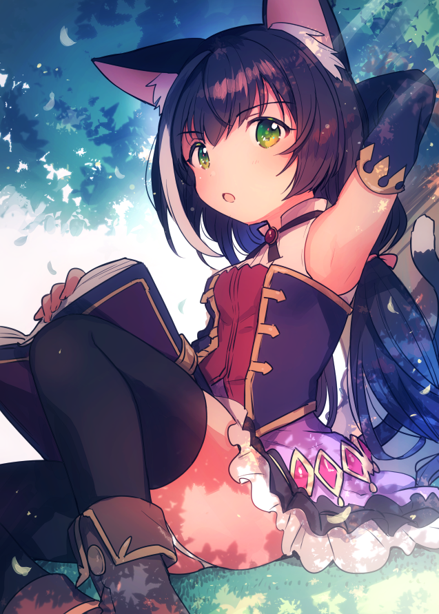 1girl :o animal_ear_fluff animal_ears arm_behind_head arm_up armpits bangs bare_shoulders black_hair black_legwear black_sleeves blush book boots bow breasts brown_footwear cat_ears cat_girl cat_tail commentary_request day detached_sleeves eyebrows_visible_through_hair feet_out_of_frame frilled_skirt frills green_eyes hair_between_eyes hair_bow ichihaya karyl_(princess_connect!) long_hair long_sleeves looking_at_viewer low_twintails medium_breasts multicolored_hair open_book outdoors panties parted_lips pink_bow princess_connect! purple_skirt shirt skirt sleeveless sleeveless_shirt solo streaked_hair tail thigh-highs thighhighs_under_boots tree twintails underwear very_long_hair white_hair white_panties white_shirt