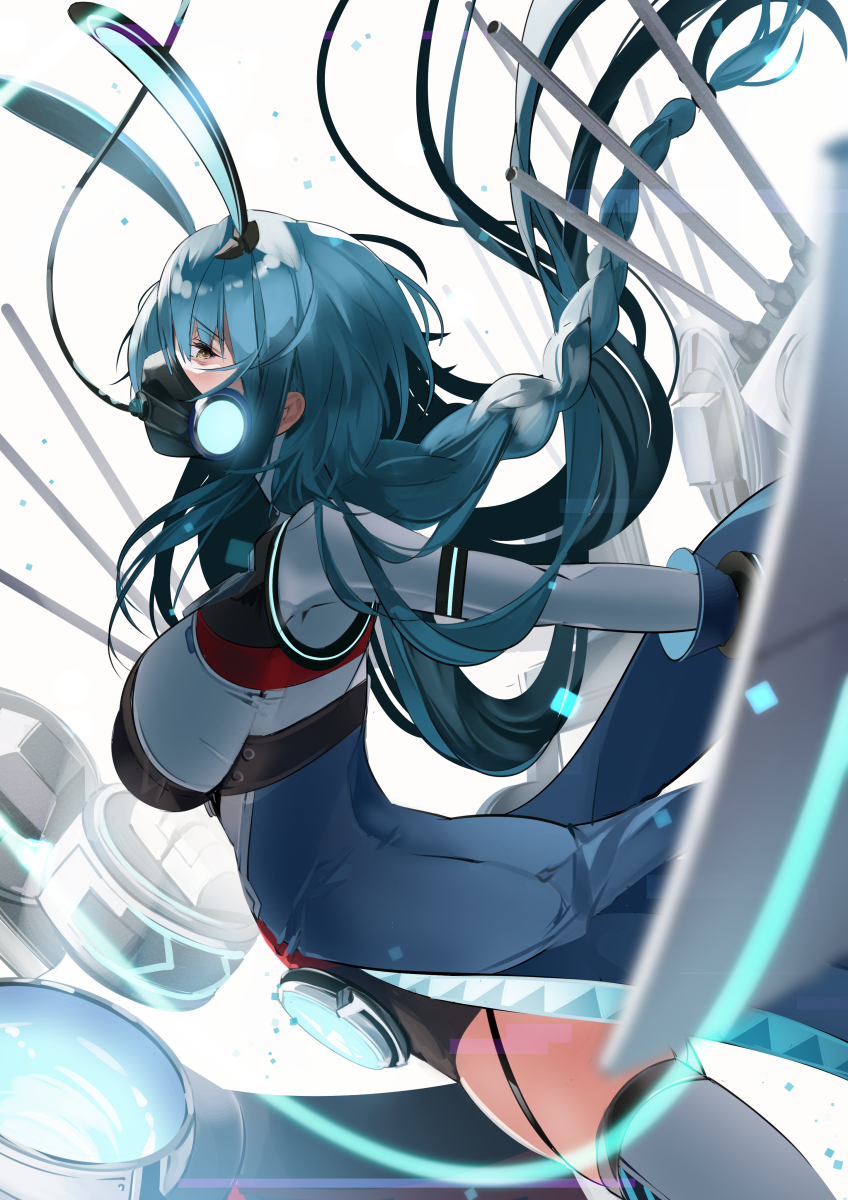 1girl animal_ears ann_(ann58533111) ass azur_lane bangs blue_hair boise_(azur_lane) braid breasts fake_animal_ears from_side glowing highres large_breasts long_hair looking_at_viewer mask mechanical_ears oxygen_mask rabbit_ears rigging solo thigh-highs thighs tube yellow_eyes