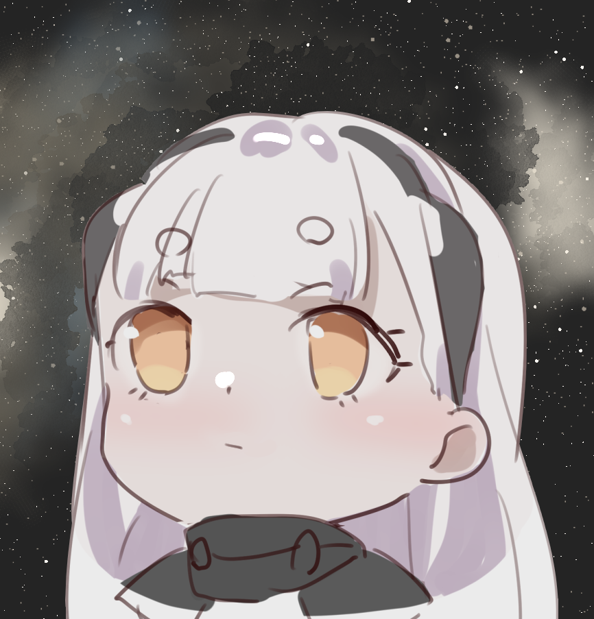 ak-alfa_(girls_frontline) bangs black_hair blank_eyes blunt_bangs chibi commentary_request empty_eyes expressionless girls_frontline gradient_eyes hairband light_blush long_hair multicolored multicolored_eyes night night_sky sabashi silver_hair sky star_(sky) upper_body yellow_eyes