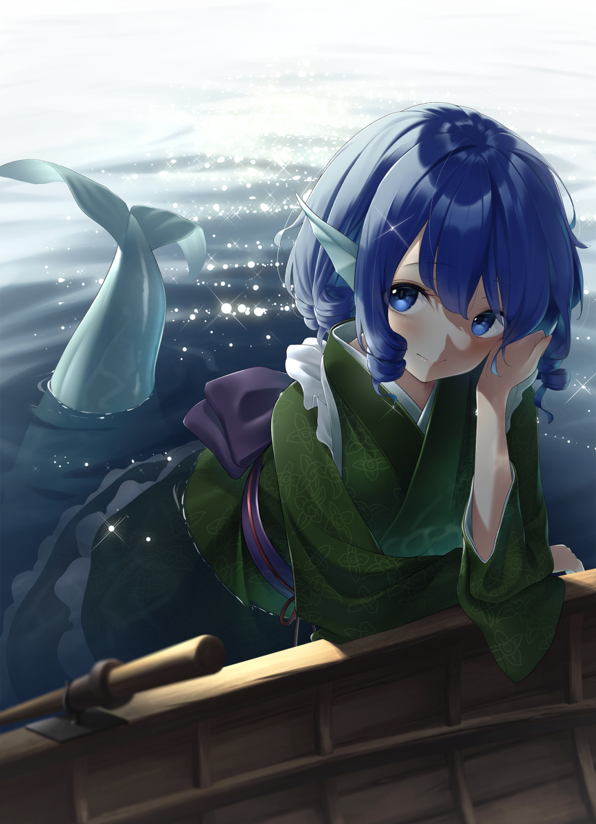 blue_eyes blue_hair boat frilled_kimono frills green_kimono head_fins highres japanese_clothes kanpa_(campagne_9) kimono looking_to_the_side mermaid monster_girl touhou underwater wakasagihime water watercraft wide_sleeves