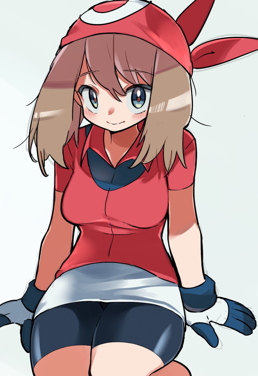 1girl arm_support bangs bike_shorts blue_eyes blush breasts brown_hair collared_shirt commentary cowboy_shot eyebrows_visible_through_hair gloves hair_between_eyes highres hyou_(hyouga617) long_hair looking_at_viewer may_(pokemon) medium_breasts messy_hair microskirt multicolored_shirt pencil_skirt pokemon pokemon_(game) pokemon_rse red_bandana red_shirt shirt short_sleeves sitting skirt smile solo white_background white_skirt