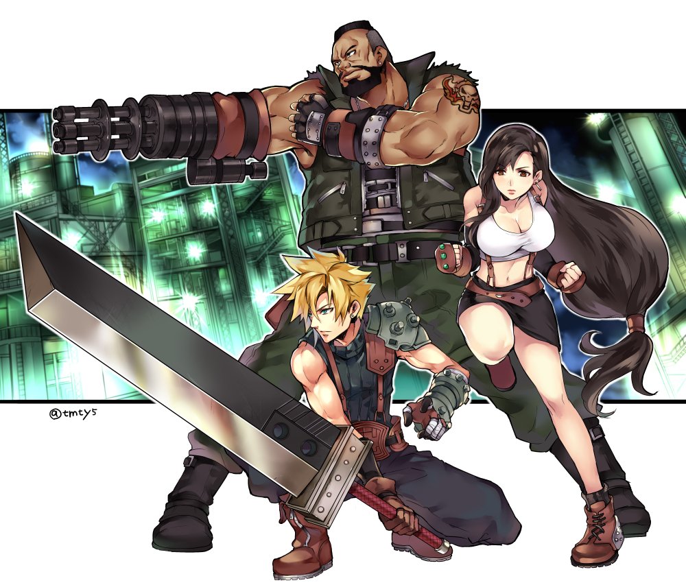 1girl 2boys arm_cannon barret_wallace beard black_hair black_skirt blonde_hair breasts brown_footwear buster_sword cleavage clenched_hands closed_mouth cloud_strife crop_top dark-skinned_male dark_skin earrings facial_hair fighting_stance final_fantasy final_fantasy_vii fingerless_gloves full_body gloves holding holding_sword holding_weapon jewelry large_breasts leg_up long_hair looking_away low-tied_long_hair miniskirt multiple_boys navel pauldron prosthesis prosthetic_arm prosthetic_weapon single_pauldron skirt sleeveless spiky_hair suspender_skirt suspenders sword tama_(tmfy5) tank_top tattoo tifa_lockhart weapon white_tank_top