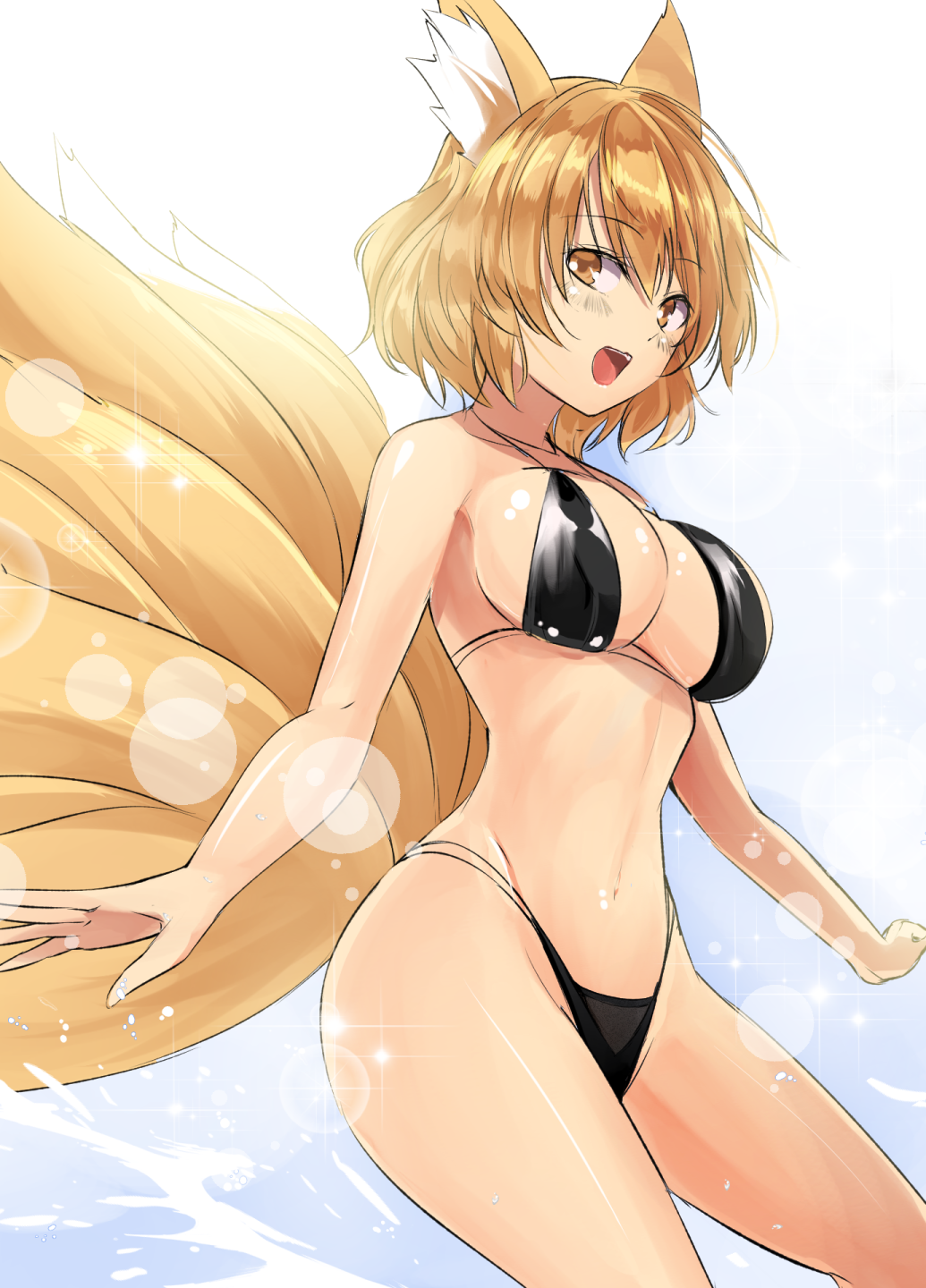 1girl :d animal_ear_fluff animal_ears bangs bare_arms bare_shoulders bikini black_bikini blonde_hair blue_background breasts brown_eyes commentary_request cowboy_shot eyebrows_visible_through_hair fox_ears fox_tail gradient gradient_background groin hair_between_eyes highres large_breasts lens_flare looking_at_viewer multiple_tails navel one-hour_drawing_challenge open_mouth short_hair smile solo standing stomach swimsuit tail thighs touhou white_background y2 yakumo_ran yellow_tail
