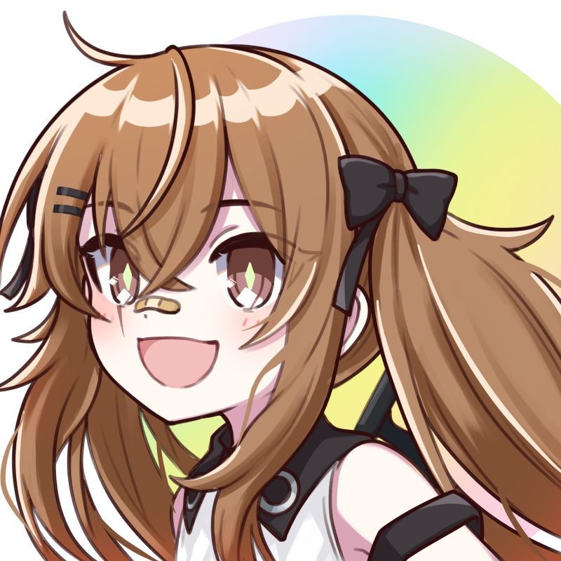 1girl :d ahoge bandaid bandaid_on_nose bangs bare_shoulders bow brown_eyes brown_hair girls_frontline hair_between_eyes hair_bow hair_ornament hairclip long_hair looking_at_viewer official_alternate_costume open_mouth scar scar_across_eye shirt sidelocks smile solo twintails ump9_(girls_frontline) upper_body white_shirt younger yuki_shiro