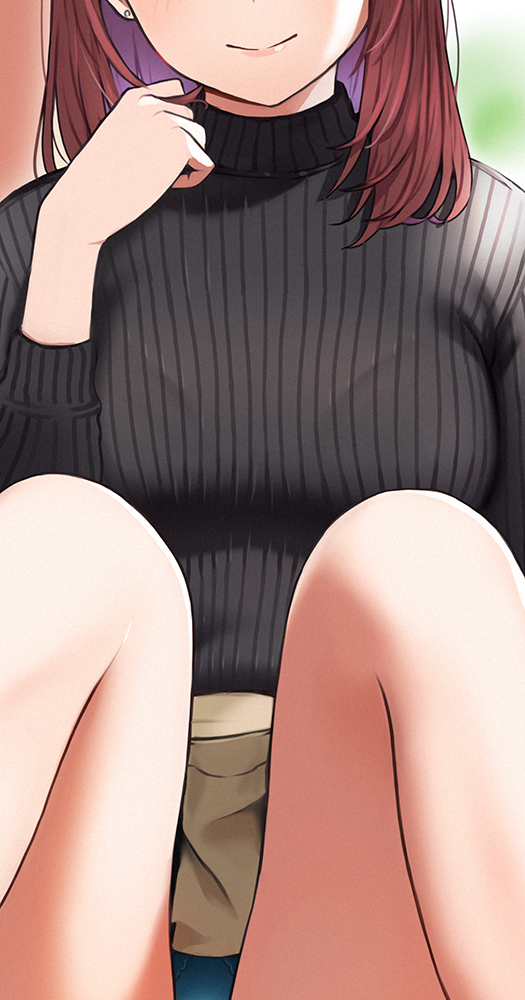 1girl black_sweater blue_panties bob_cut bralines breasts closed_mouth clothes_lift doushimasho facing_viewer grey_skirt hair_twirling hand_up head_out_of_frame knees_up large_breasts long_sleeves medium_hair original panties pantyshot redhead ribbed_sweater skirt skirt_lift smile solo sweater underwear